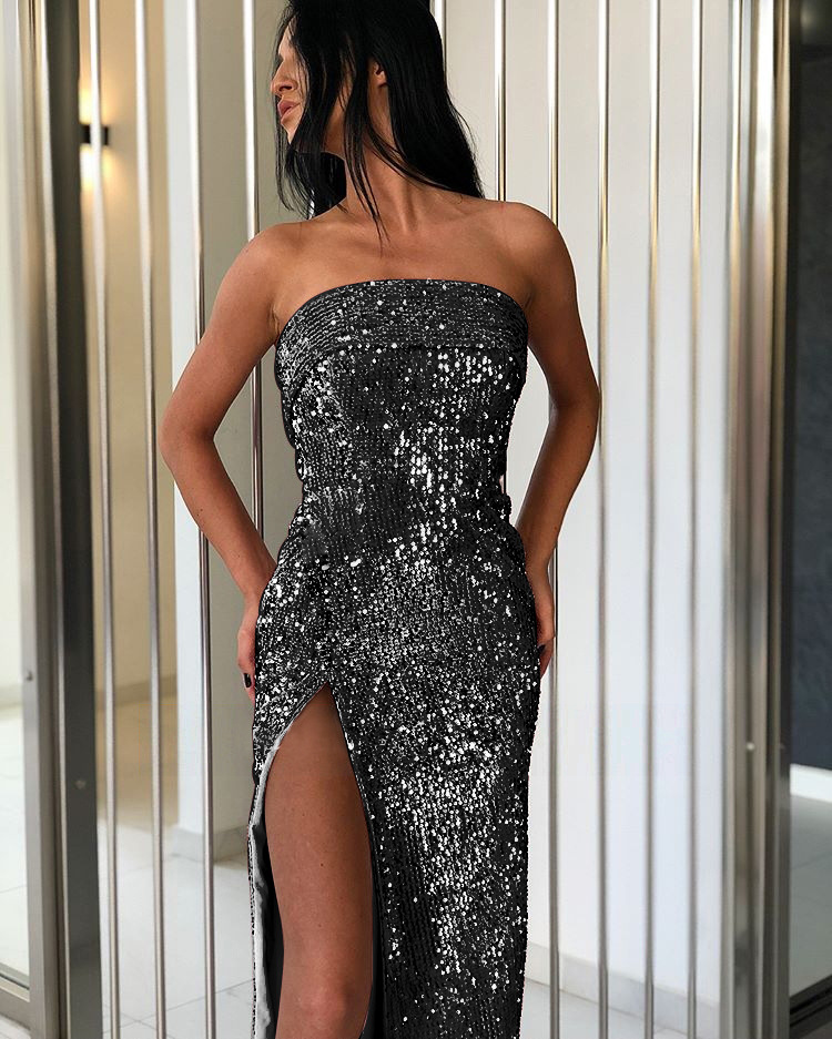 wholesale women s clothing Nihaostyles Wrapped Chest Split Sexy Dress Sequined Dress  NSYSM67000