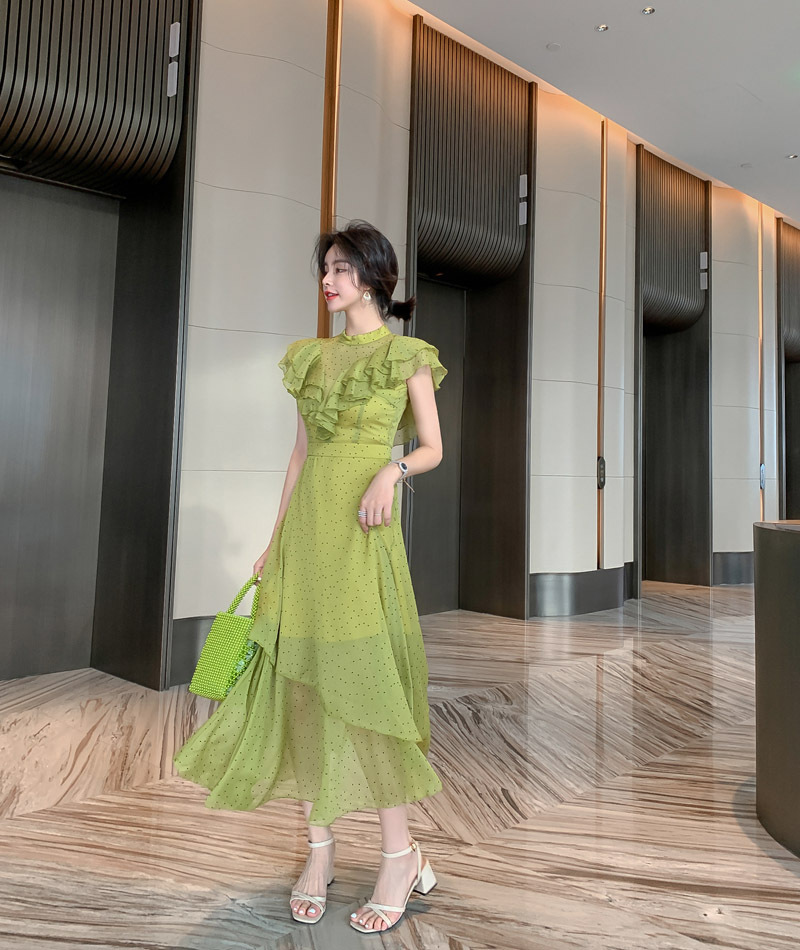 Đầm maxi nữ thắt eo chấm bi phối ren xếp tầng voan dài — Màu xanh lá chi tiết 9