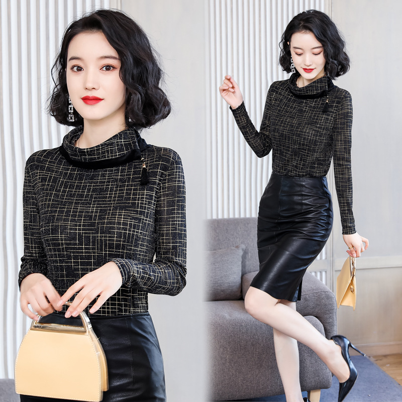 2019 Autumn and winter new pattern Korean Edition Women's wear Self cultivation Show thin Plush thickening High collar Long sleeve fashion Versatile Base coat