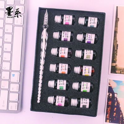 彩色玻璃蘸水笔银箔闪粉圆头玻璃笔新品套装礼创意手工礼品笔套装|ms