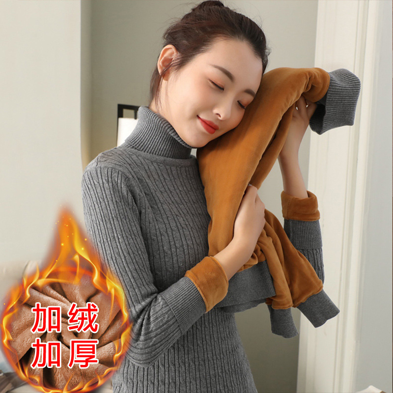 Autumn and Winter Large Size Fleece-lined Pullover Long-sleeved Sweater Women's Short Turtleneck Thickened Sweater Slim-fit Warm Base Shirt