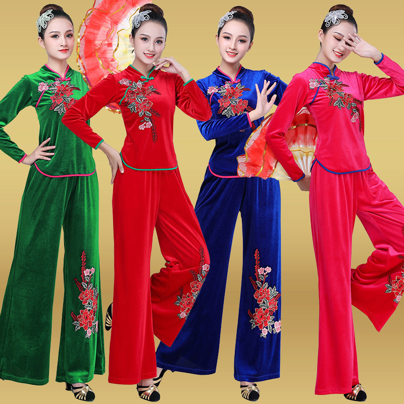 Chinese Folk Dance Dress Square dance dress women's suit golden velvet  dance performance dancing clothes Yangko Costume