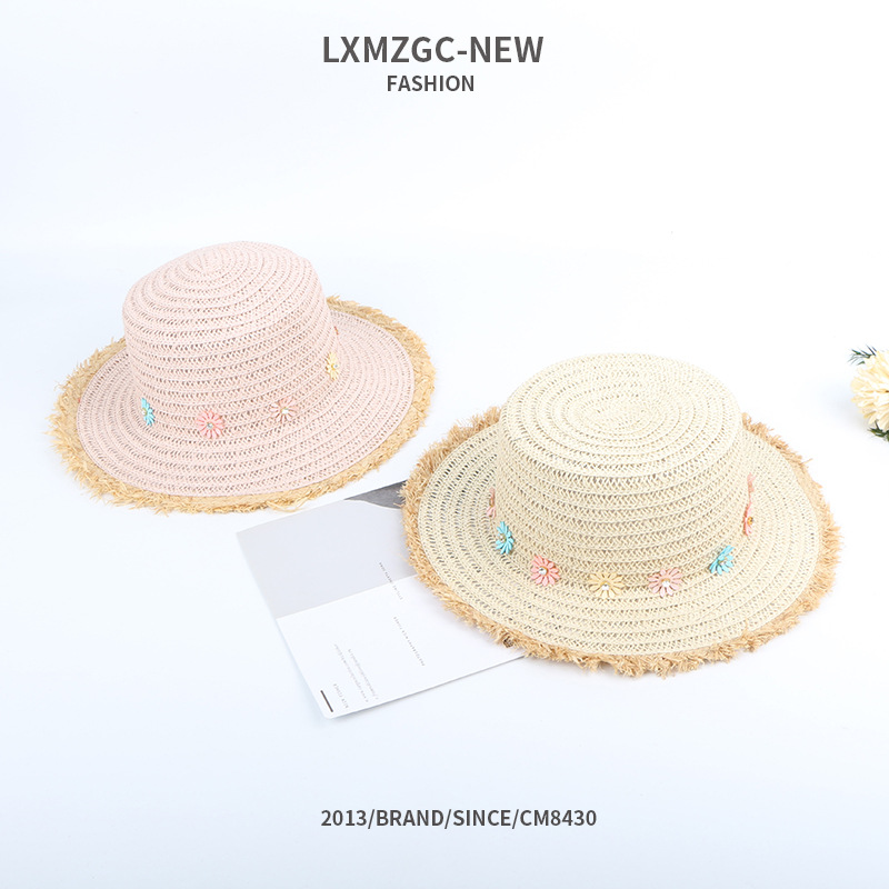 Children's Raw Edge Color Matching Flower Flat Top Straw Hat display picture 2
