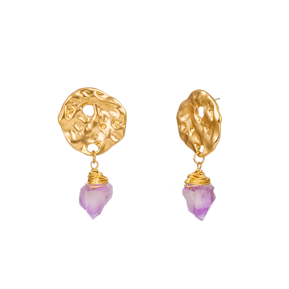 Boucles D&#39;oreilles De Mode Pendentif En Pierre Naturelle Violette En Métal Irrégulier De Vente Chaude display picture 2