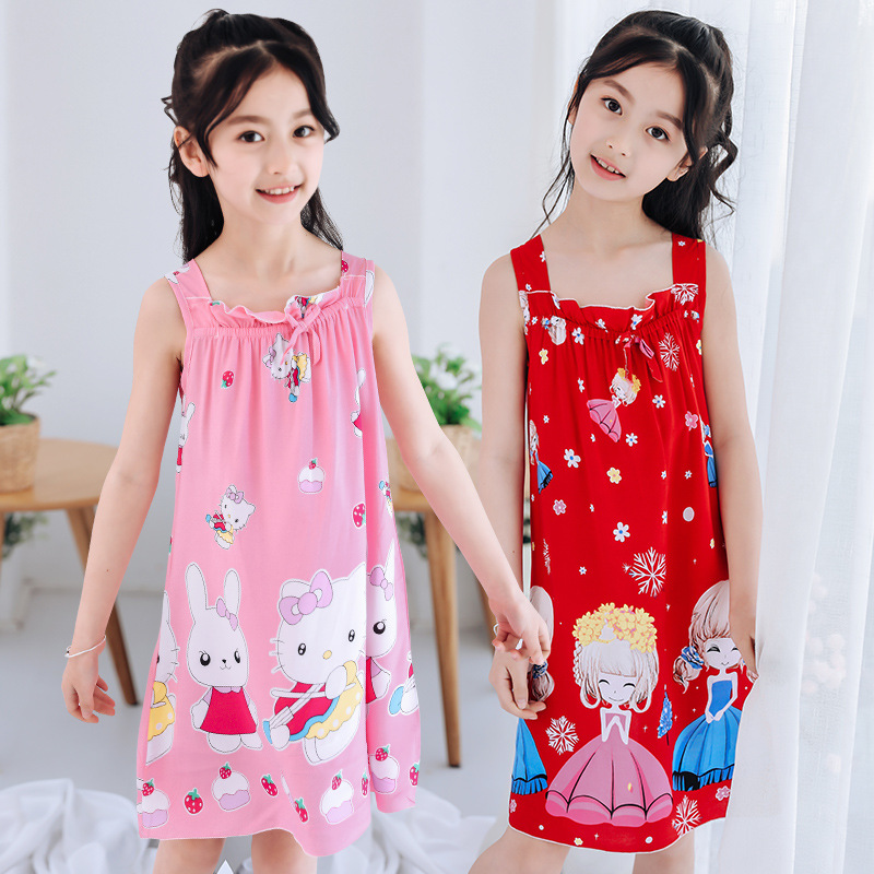 children TSUMUGI Dress Thin section girl Tank Top baby Home Furnishing Nightdress Man-made Cotton silk pajamas summer