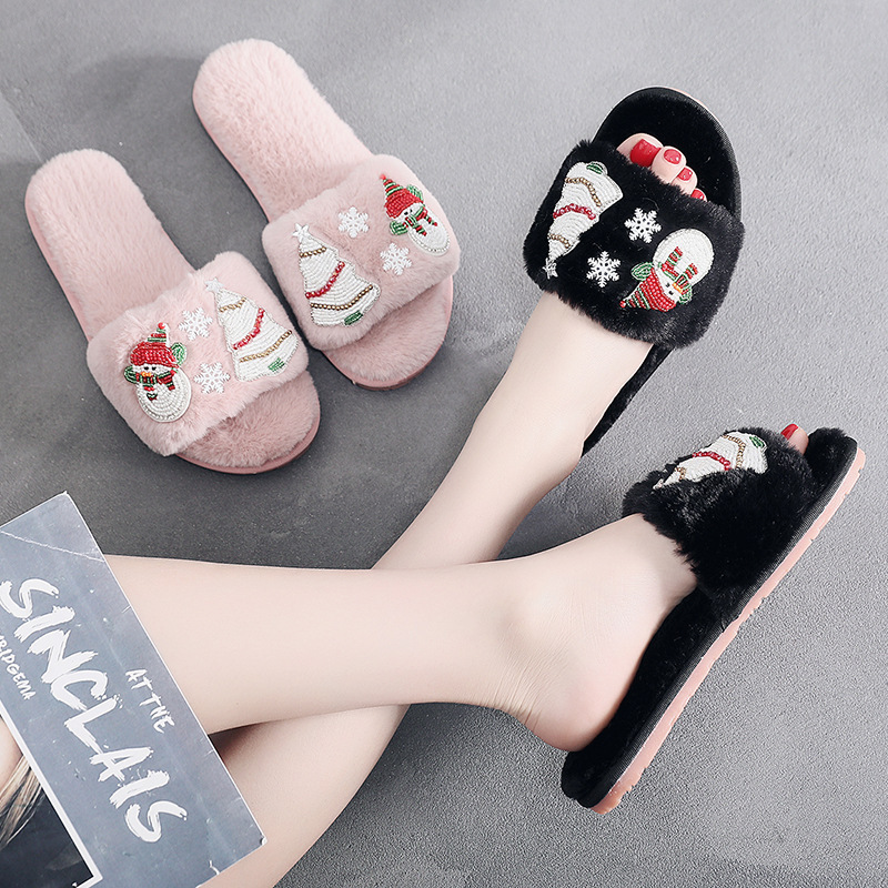 Autumn and Winter Warm Women's Mao Mao Slippers Fashion Cute Christmas Korean Style Slip Flops Home Wear Non-slip Flat Shoes for Women