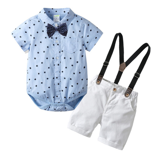 Boy's Pure Cotton Short Sleeve Triangular Bodysuit with Overalls Set Children Baby Infant Gentleman First Birthday Dress Crawling Suit