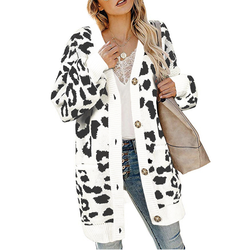 Lantern Sleeve Button Leopard Print knitted Cardigan nihaostyles clothing wholesale NSMMY84053