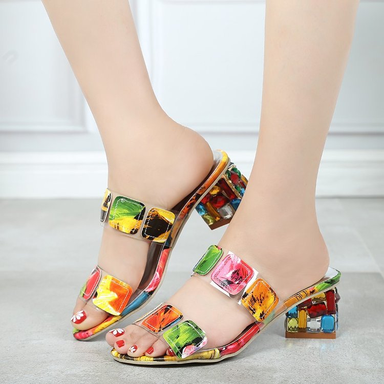 Candy color women's sandals popular in summer thick heel earth diamond colorful sequins women cool wholesale