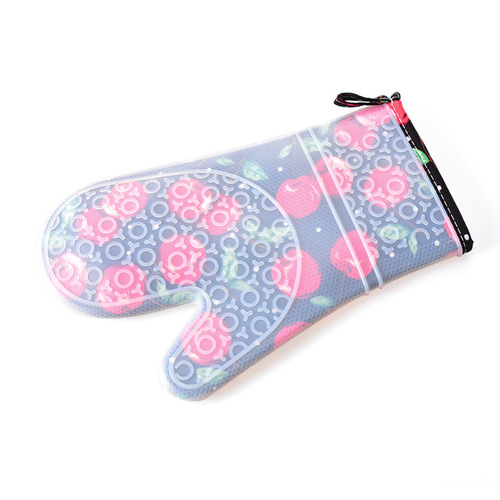 Floral Print Round Edge Long Handle High-Temperature Proof Protective Gloves Microwave Safe Patterned Panda Oven Insulating Silicone Gloves