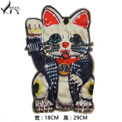 廠家直銷大號卡通招財貓刺繡電腦印花布貼珠片繡服裝輔料可定現貨