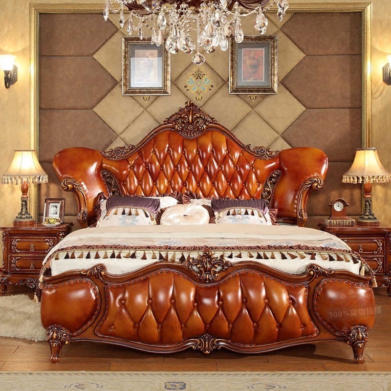 紫萱家具 欧式真皮床实木公主床美式双人床1.8米主卧家具奢华婚床