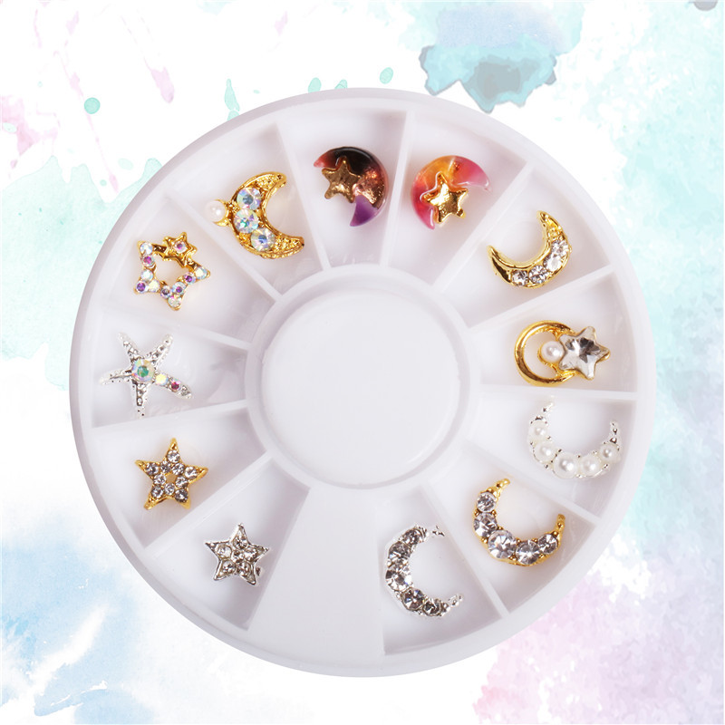 Fábrica directa uñas arte aleación joyería 12 rejilla disco Luna estrella uñas arte rhinestone perla rhinestone uñas arte