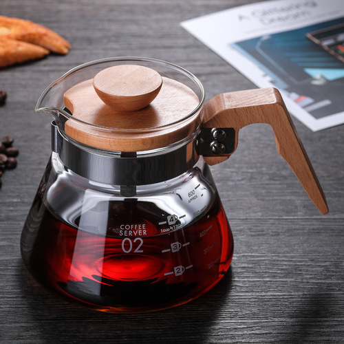 Supply of high borosilicate coffee set glass coffee pot hand brewed coffee pot coffee sharing pot teapot wooden handle glass pot