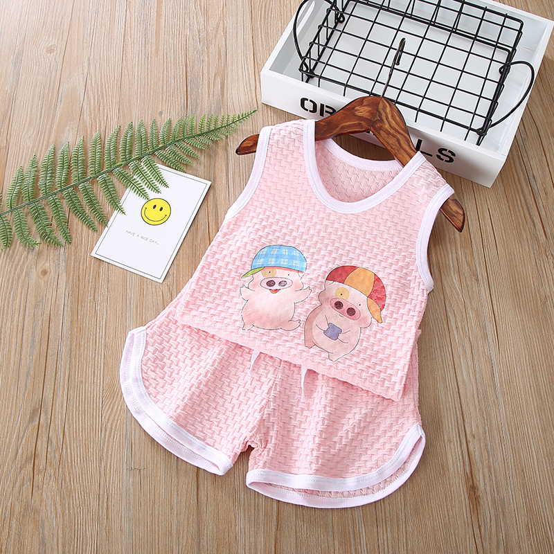 男女童猪年麦兜背心套装纯色无袖儿童运动立体纯棉两件套