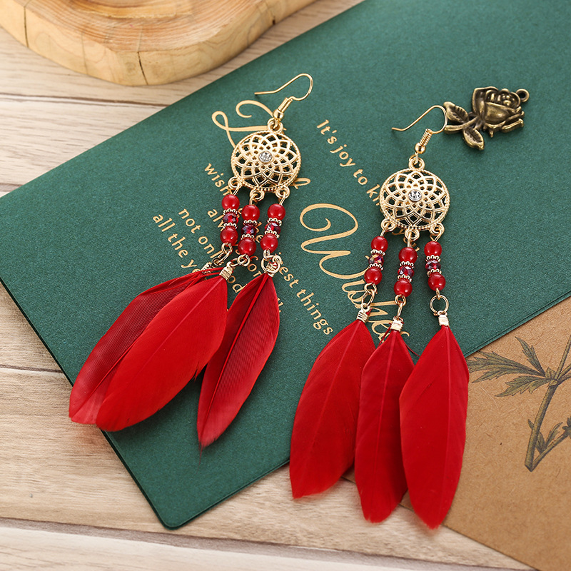 Rice beads tassel earrings women's long dream catcher feather earrings Yiwu jewelry wholesale one piece dropshipping