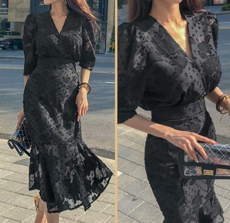 雪纺植绒连衣裙2020春装气质修身鱼尾显瘦宴会高贵礼服裙女装