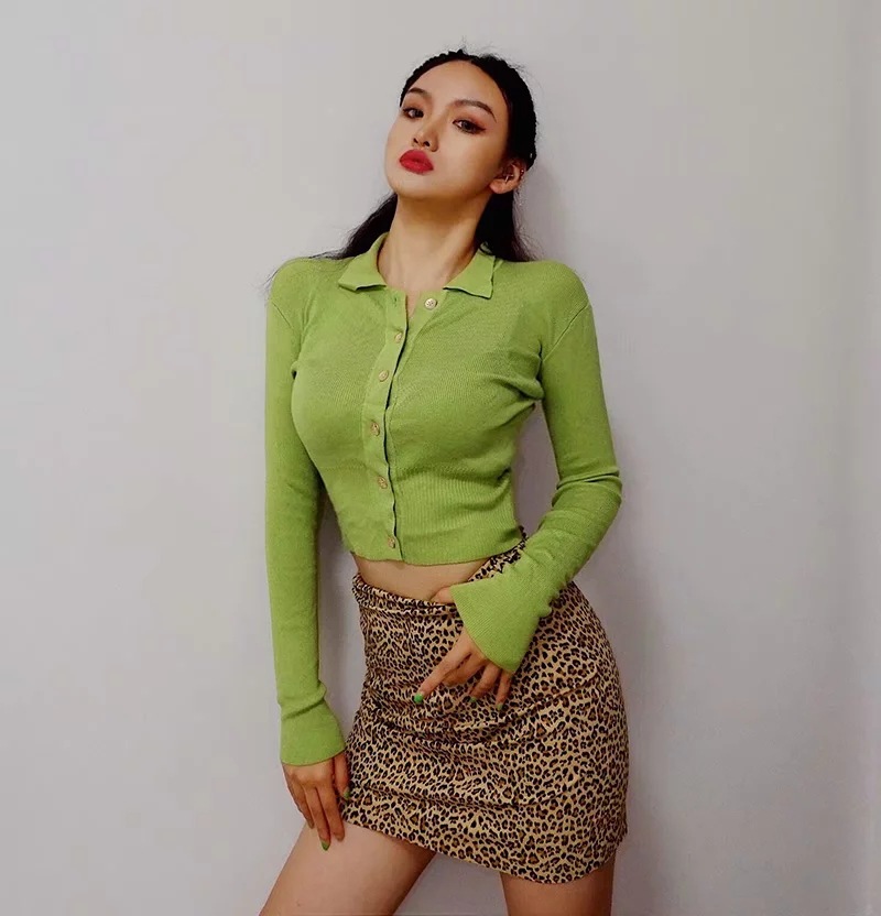 green single-breasted sweater cardigan   NSHS23778