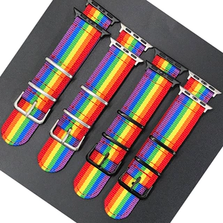 适用苹果新款尼龙表带AppleWatch4代手表帆布彩虹条纹表带42 44mm