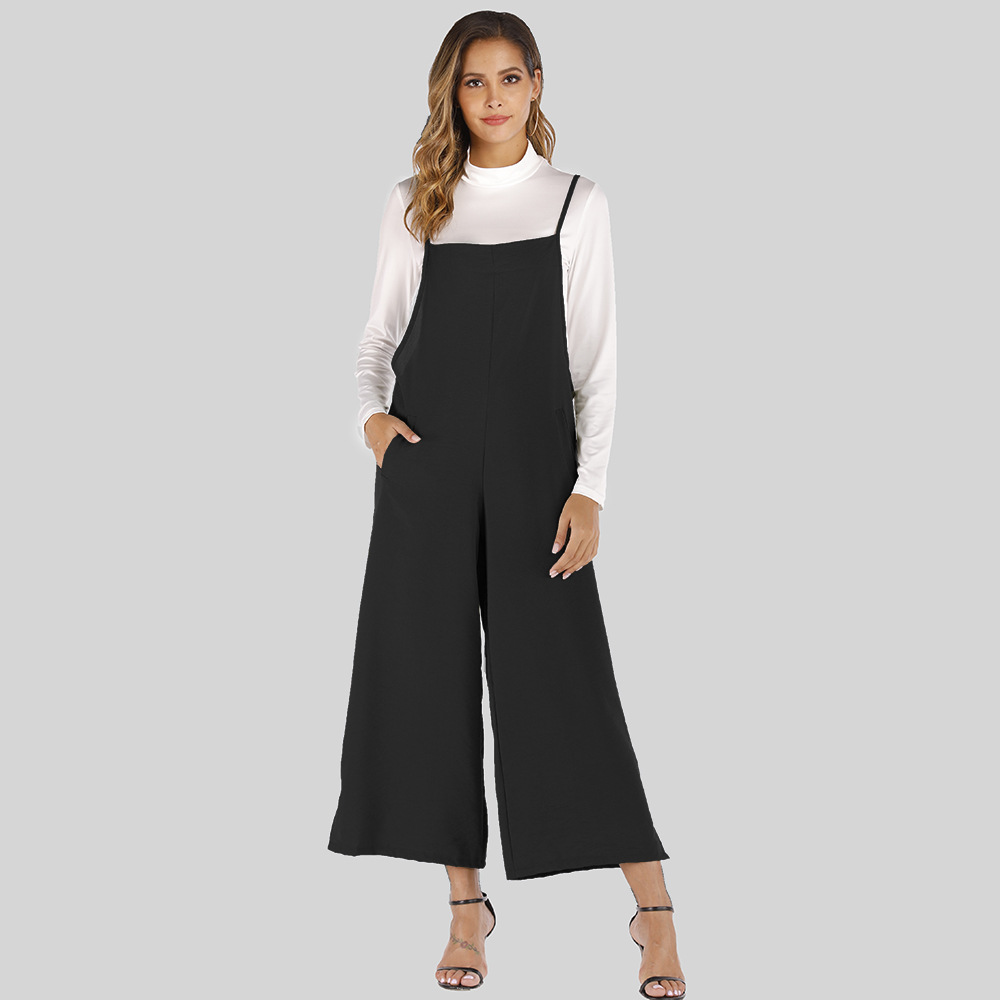 solid color suspenders mid-length jumpsuit   NSJR39186