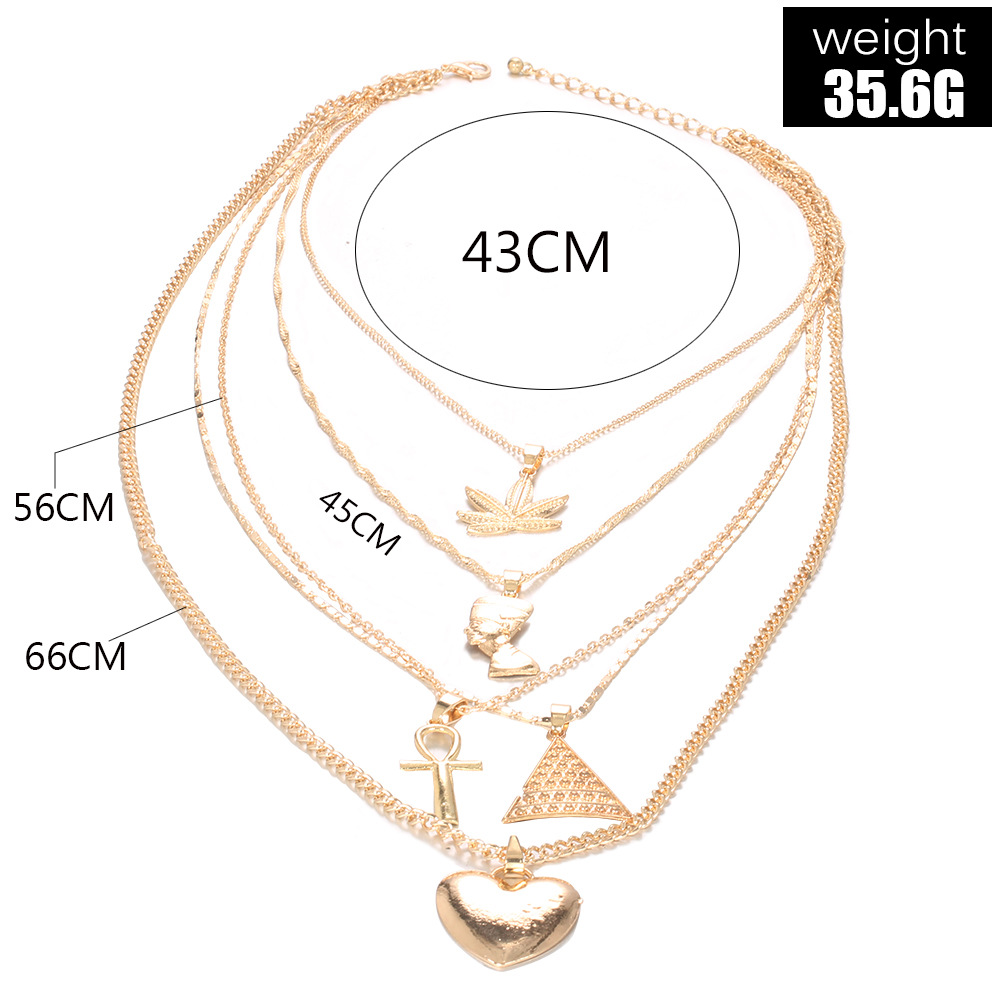 European And American Maple Leaf Pharaoh Empress Pyramid Heart Pendant Multilayer Necklace display picture 1