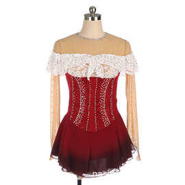 定制儿童成人花样滑冰服女童表演服装比赛考级裙子白酒红蕾丝烫钻