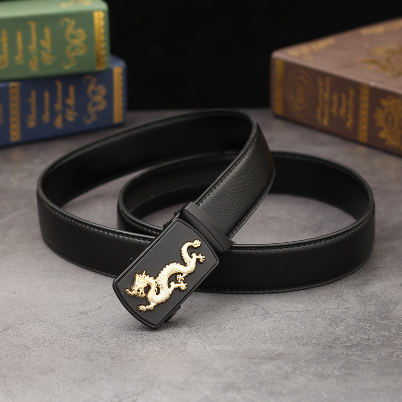 男士时尚 商务自动扣皮带百搭 中国龙 黑色金龙 14纹带身一件代发|ru