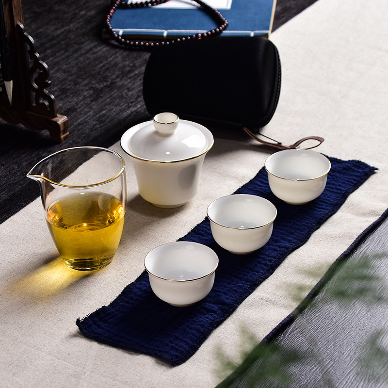 白瓷羊脂玉小套旅游茶具便携式纯白描金来样定做logo一件代发