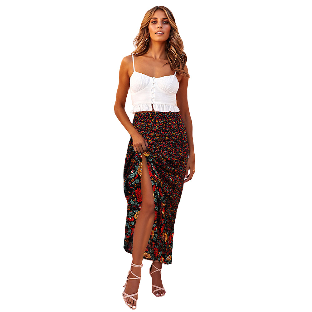 bohemian floral print pleated ruffle long skirt NSMAN53293