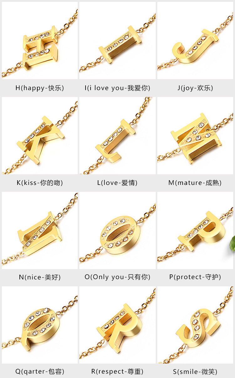 PVD Coated Gold Plating Process PVD Coated 18K Gold Plated Letter Titanium Steel Fashion Waterproof Non Tarnish Bracelets