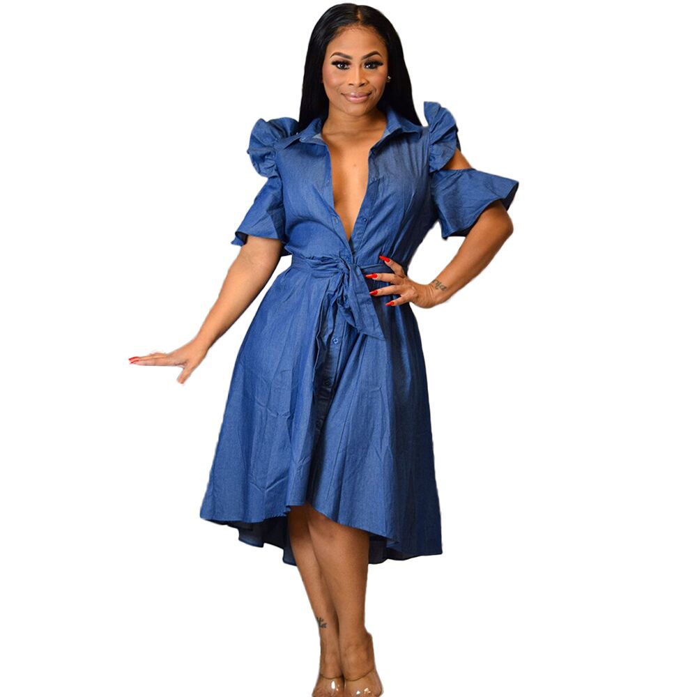 solid color hollow ruffled long denim dress Nihaostyles wholesale clothing vendor NSOJS76422