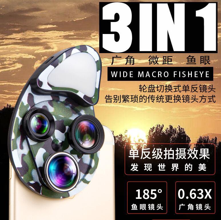 新款 广角 鱼眼 微距一体式转盘 手机镜头  三合一镜头手机补光灯