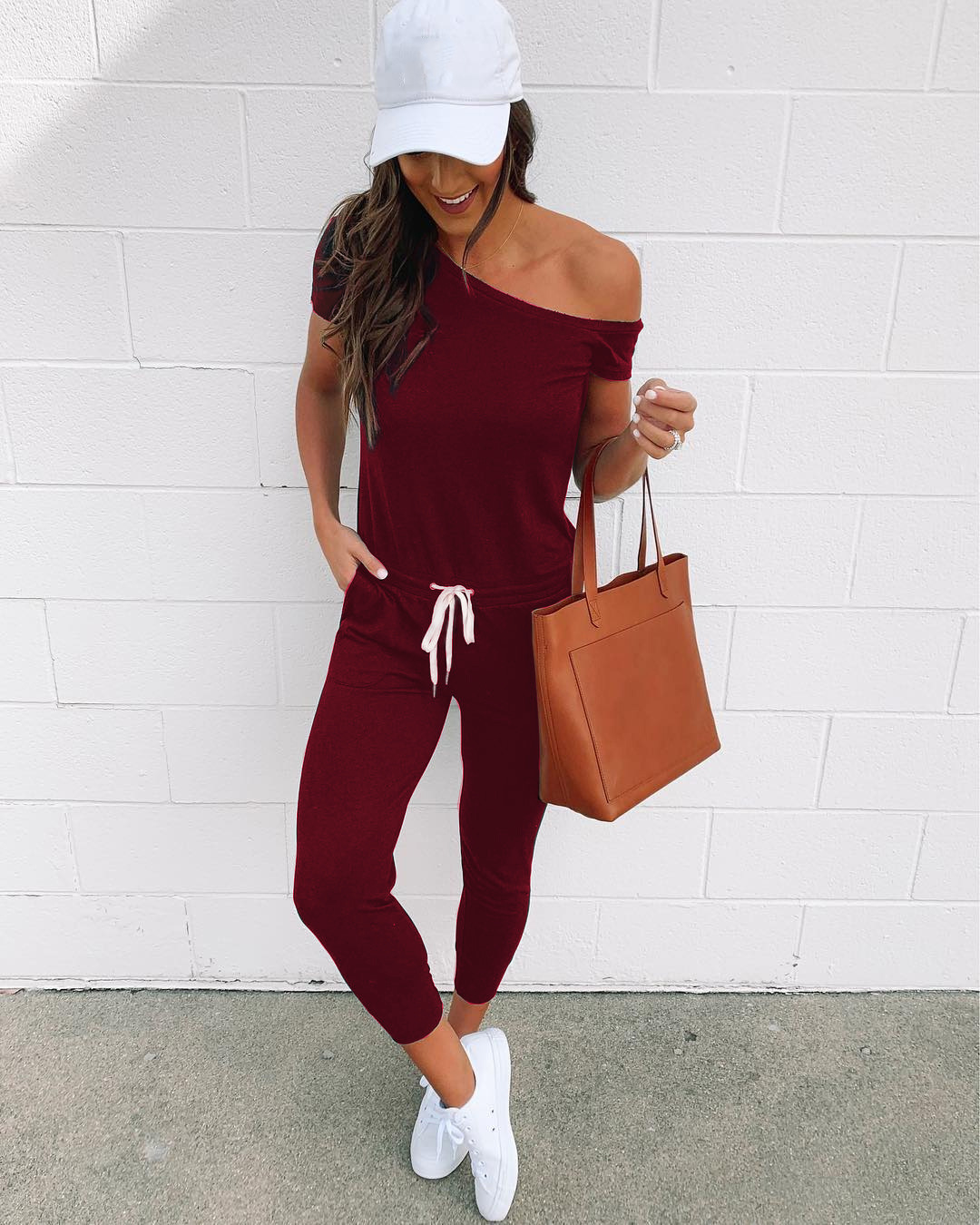Women's Off-shoulder Jumpsuit With Pockets And Lace-up Details_voghion.com