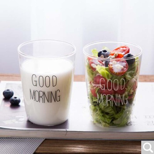 厂家批发日式玻璃牛奶杯早餐杯创意杯子Good morning饮料杯咖啡杯