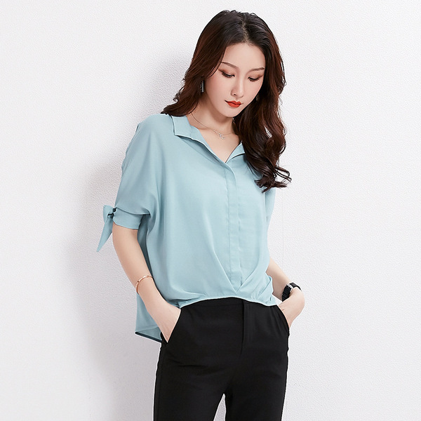 Summer new casual Lapel long chiffon shirt with loose front back