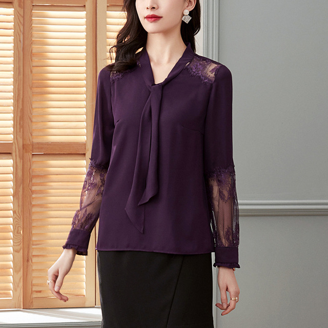 Women’s spring autumn Korean V-Neck long sleeve tie lace Fashion Chiffon