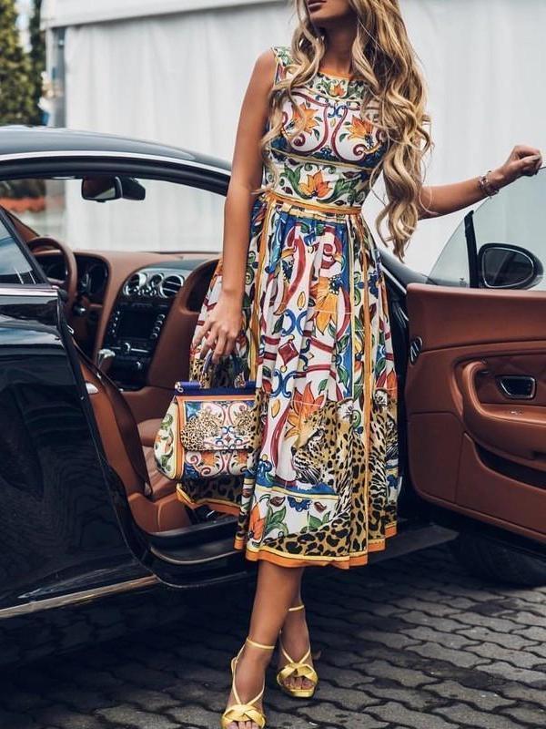 printed sleeveless round neck slim long dress NSFH130637