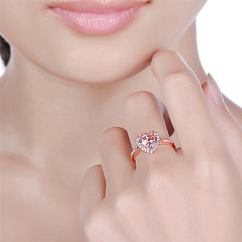 Wish European and American hot selling natural morganite love ring micro-paved zircon plated 18K gold orange pink diamond heart-shaped ring