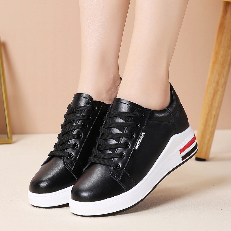 Inside heightening women's shoes leather small white shoes female students Korean muffin lace up casual single shoes ins dad shoes female Lady Shoes