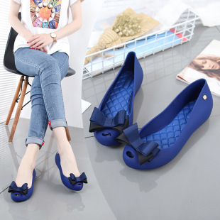 Fishmouth Bow Shallow Mouth Beach Waterproof Women's Sandals Women's Fashionable Non-Slip Inner Height Increasing Plastic Flat Heel Jelly Shoes