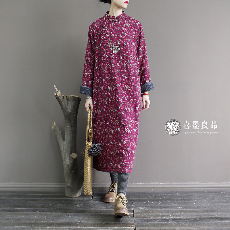 01978喜墨原创冬季女装新款棉衣复古做旧宽松立领加绒加厚连衣裙|ru