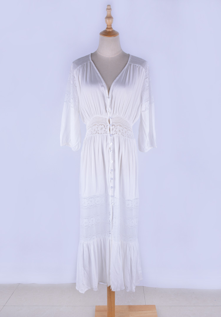 Rayon Stitching Lace Button Beach Bohemian White Beach Dress - Bohemian White Beach Dress - Uniqistic.com