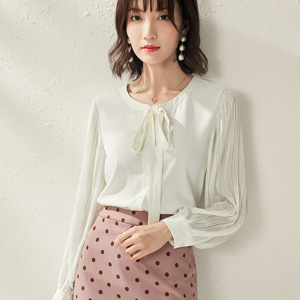 Autumn New Bandwidth Loose Long Sleeve Chiffon Fold Leisure Shirt 