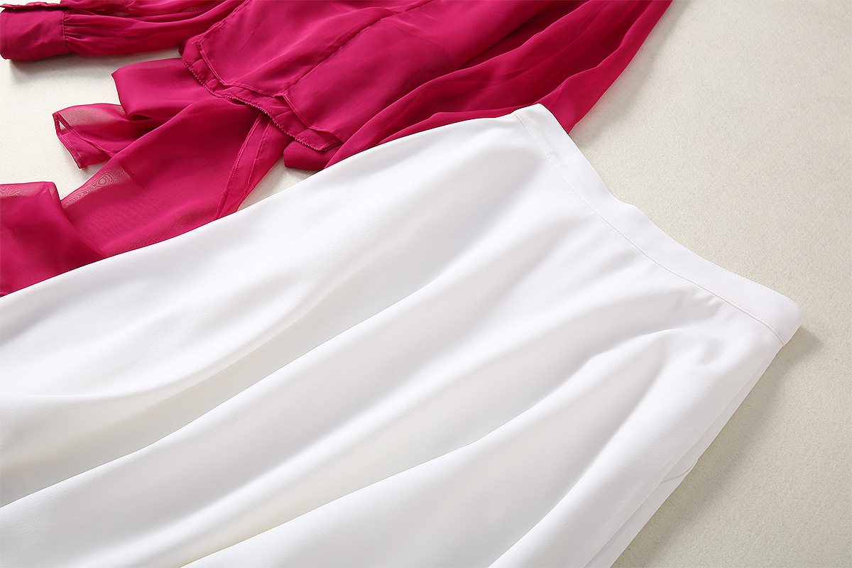 0409-10  梅红灯笼袖上衣+A牌排扣半裙套装SMLXL