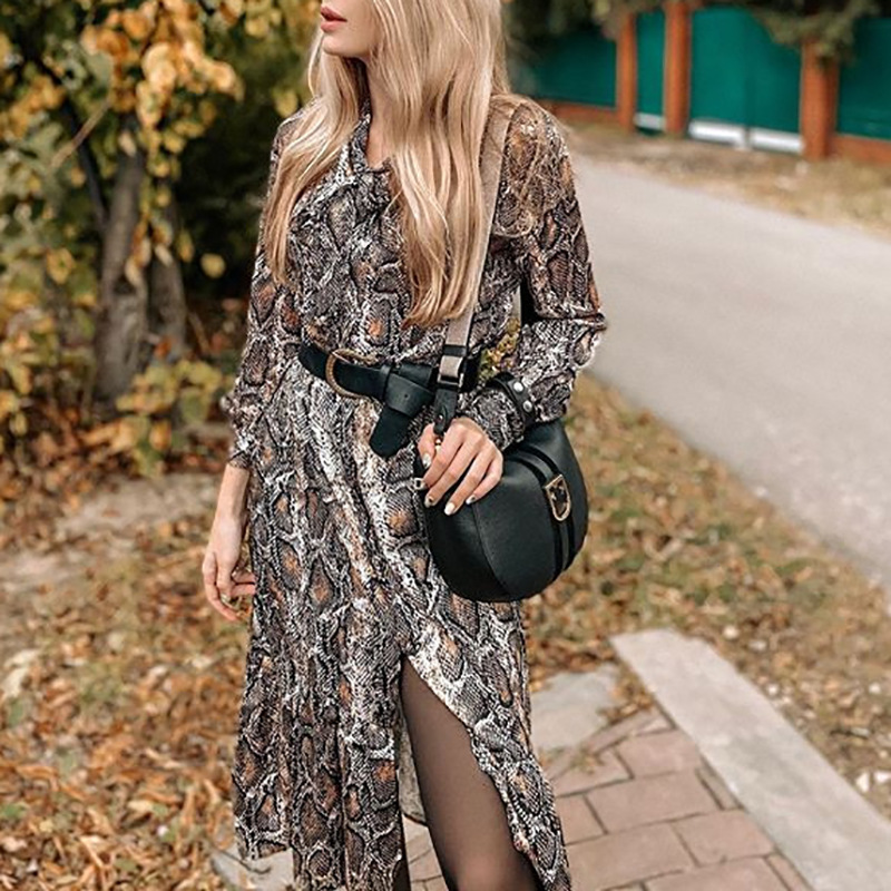 casual snake print neckline knot long sleeve chiffon dress  NSGE35088