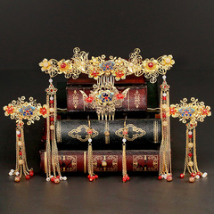 新娘古裝頭飾中式婚禮金色髮飾發箍套裝流蘇步搖皇冠款秀禾服髮飾