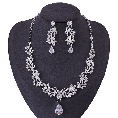 C1012 Korean wedding accessories set alloy leaf set with rhinestone zircon bridal necklace and earrings two-piece set