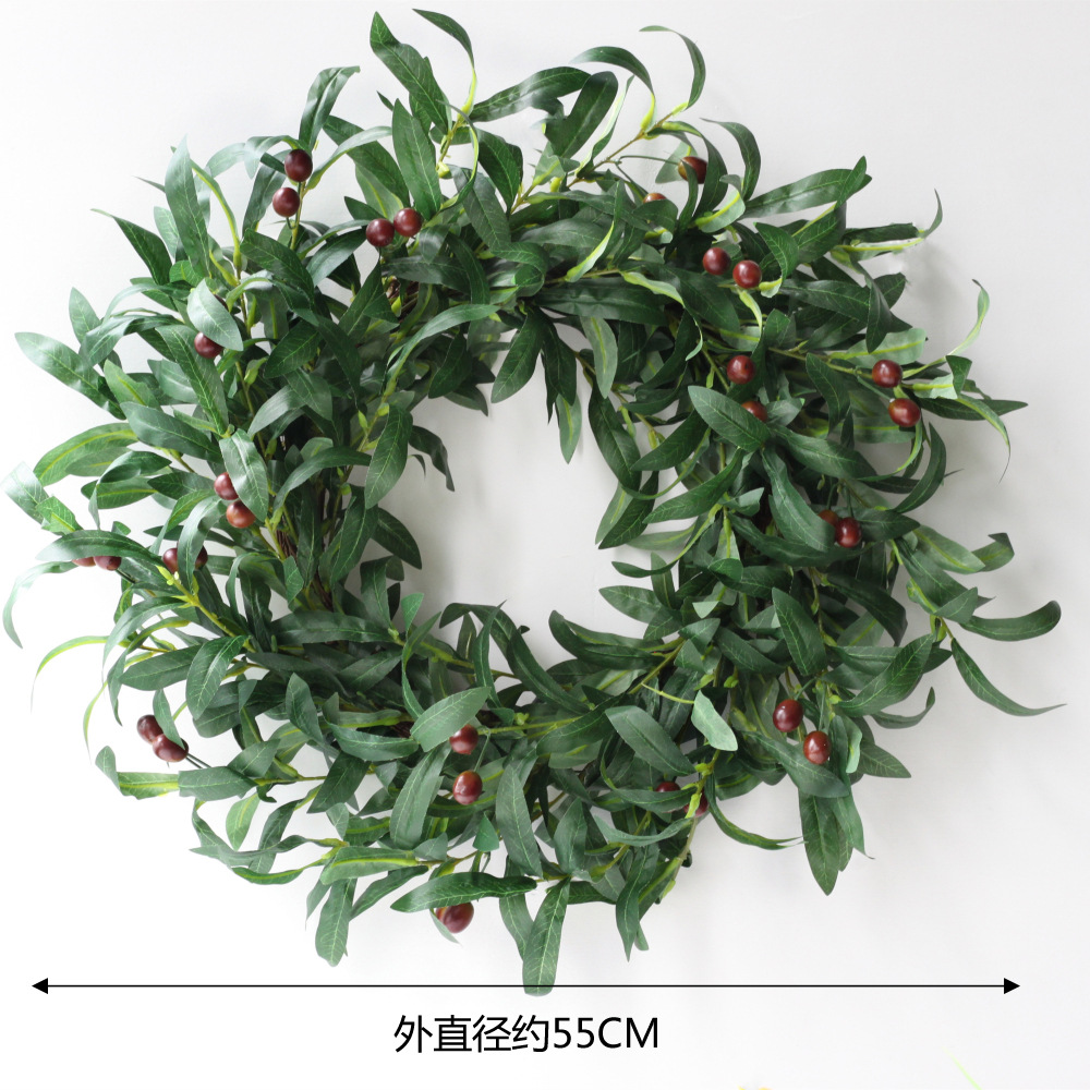 55CM橄榄枝叶果花环门饰门挂门环仿真花绢布花环亚马逊速卖通货源