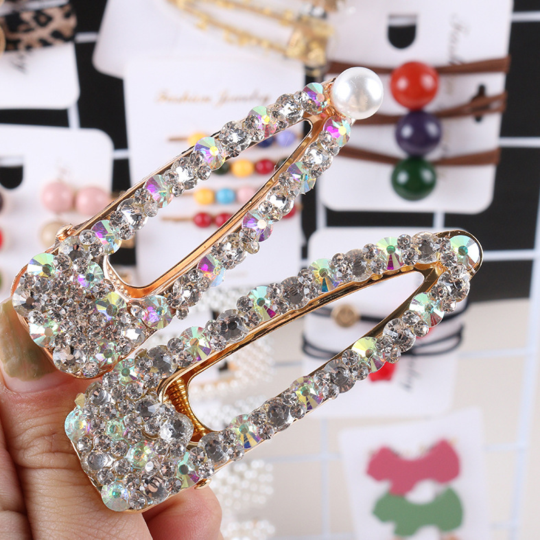 网红bb夹一字夹金属水钻简约珍珠发卡 韩国气质满钻刘海夹发夹