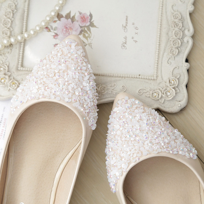 Giày bệt nữ mũi nhọn miệng nông đính sequin và đá pha lê, đế mềm nhẹ nhàng — Màu mơ, Màu đen
